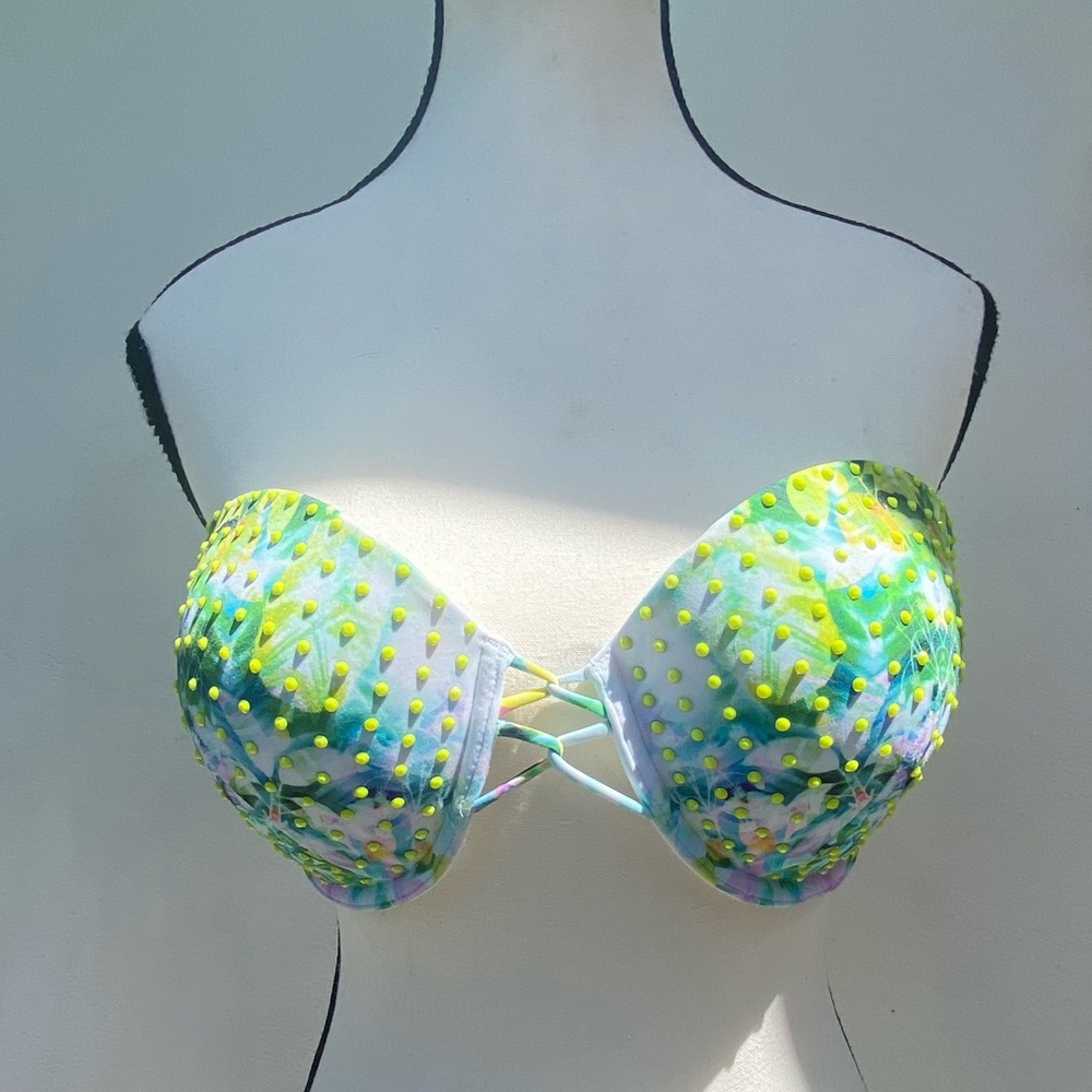 Victoria’s Secret Blue Green Neon Studded Bandeau Bikini Top Size 34DD